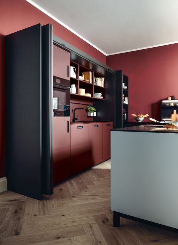 kuchyně Next 125  NX510 / NX505  Onyxschwarz Indischrot samtmatt Nebelblau