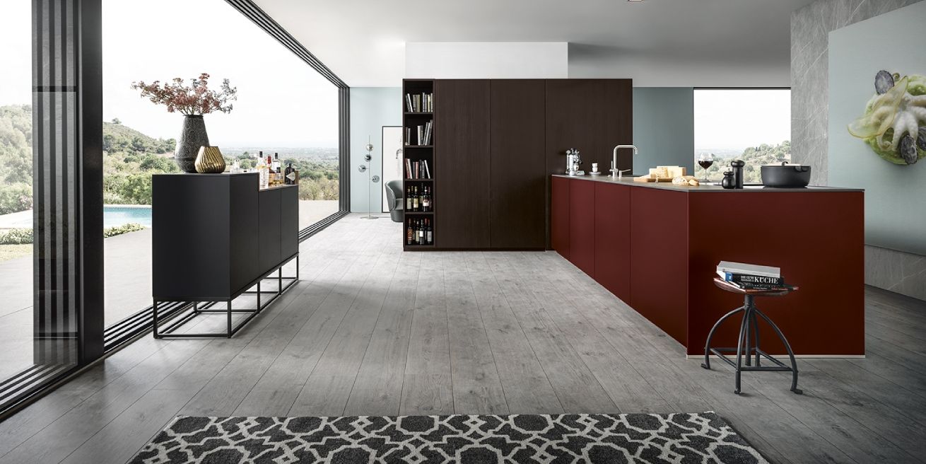 kuchyně Next 125 NX 640 NX505 Eiche elegant tabak  Rubinrot Satin
